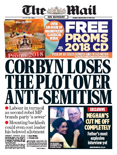 The Mail on Sunday Newspaper Front Page for 29 July 2018