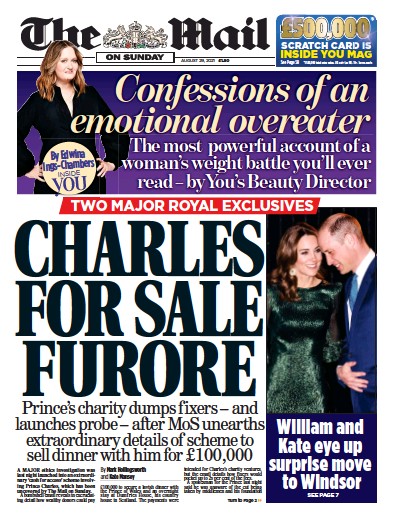 The Mail on Sunday (UK) Newspaper Front Page for 29 August 2021