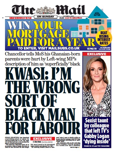 The Mail on Sunday (UK) Newspaper Front Page for 2 October 2022
