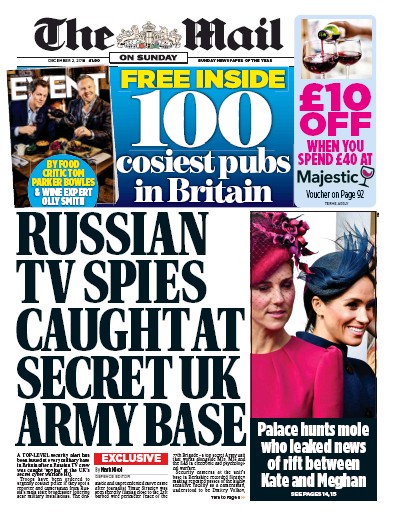 The Mail on Sunday Newspaper Front Page for 2 December 2018