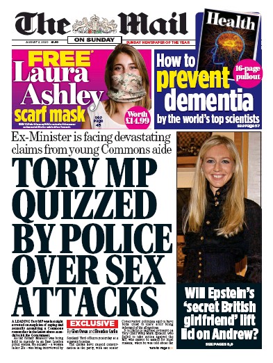 The Mail on Sunday Newspaper Front Page for 2 August 2020