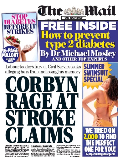 The Mail on Sunday Newspaper Front Page for 30 June 2019