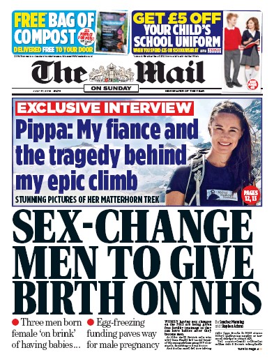 The Mail on Sunday Newspaper Front Page for 31 July 2016