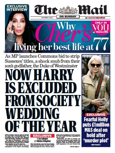 The Mail on Sunday Newspaper Front Page for 3 December 2023