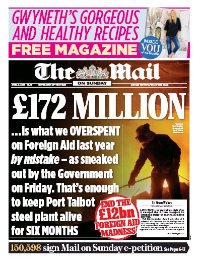 The Mail on Sunday Newspaper Front Page for 3 April 2016