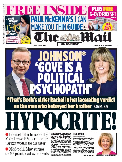 The Mail on Sunday Newspaper Front Page for 3 July 2016