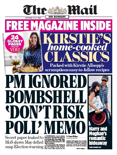 The Mail on Sunday Newspaper Front Page for 3 September 2017