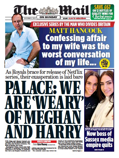 The Mail on Sunday (UK) Newspaper Front Page for 4 December 2022