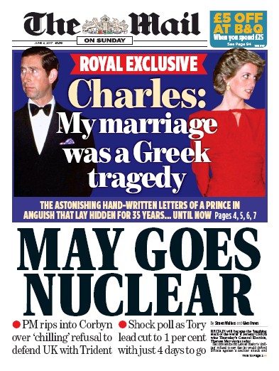 The Mail on Sunday Newspaper Front Page for 4 June 2017