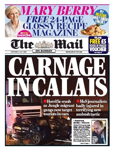 The Mail on Sunday Newspaper Front Page for 4 September 2016