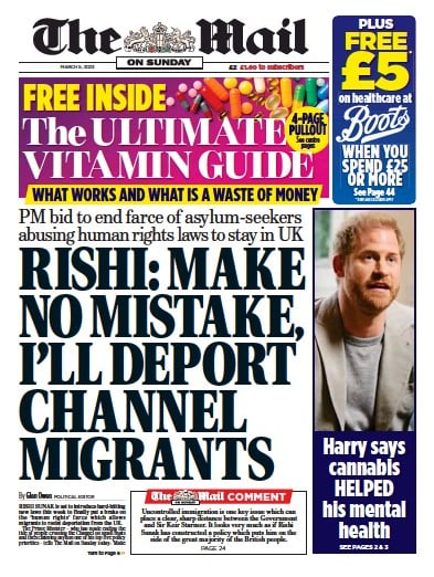 The Mail on Sunday (UK) Newspaper Front Page for 5 March 2023