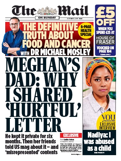 The Mail on Sunday Newspaper Front Page for 6 October 2019