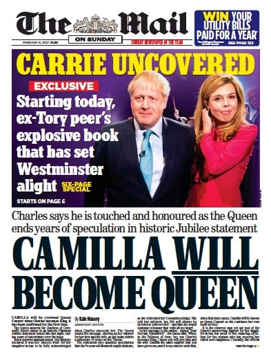 The Mail on Sunday Newspaper Front Page for 6 February 2022