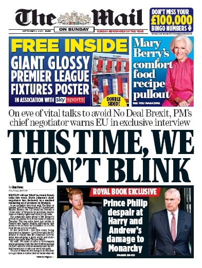 The Mail on Sunday Newspaper Front Page for 6 September 2020