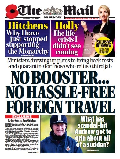 The Mail on Sunday (UK) Newspaper Front Page for 7 November 2021