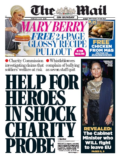 The Mail on Sunday Newspaper Front Page for 7 February 2016