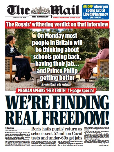 The Mail on Sunday (UK) Newspaper Front Page for 7 March 2021