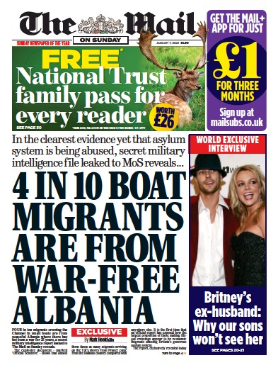 The Mail on Sunday (UK) Newspaper Front Page for 7 August 2022