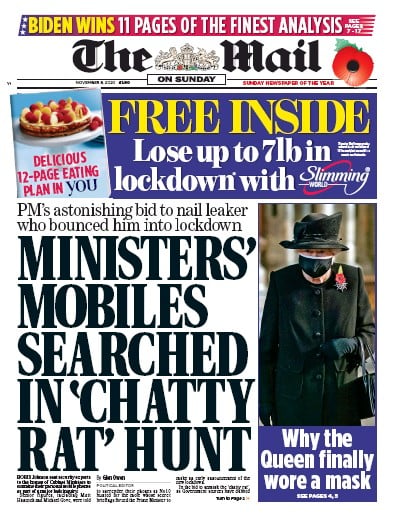 The Mail on Sunday Newspaper Front Page for 8 November 2020