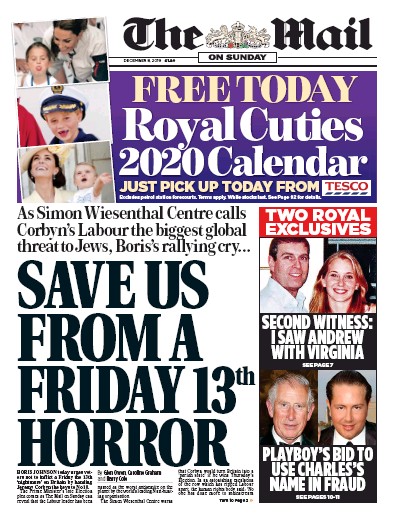 The Mail on Sunday Newspaper Front Page for 8 December 2019