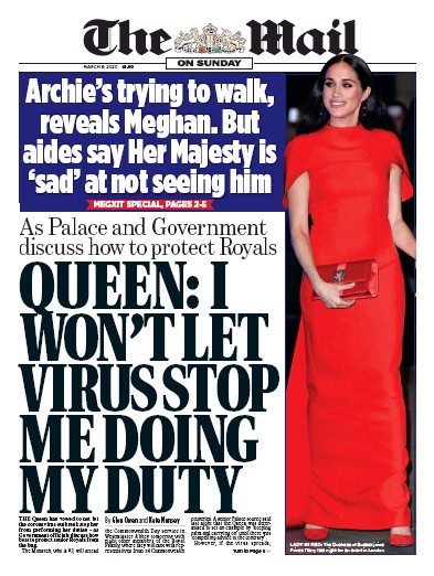 The Mail on Sunday Newspaper Front Page for 8 March 2020