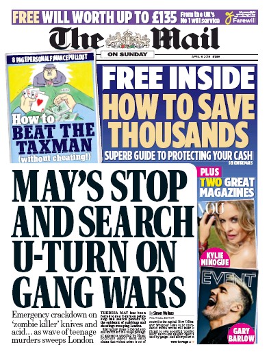 The Mail on Sunday Newspaper Front Page for 8 April 2018