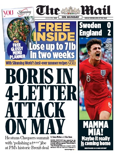 The Mail on Sunday Newspaper Front Page for 8 July 2018