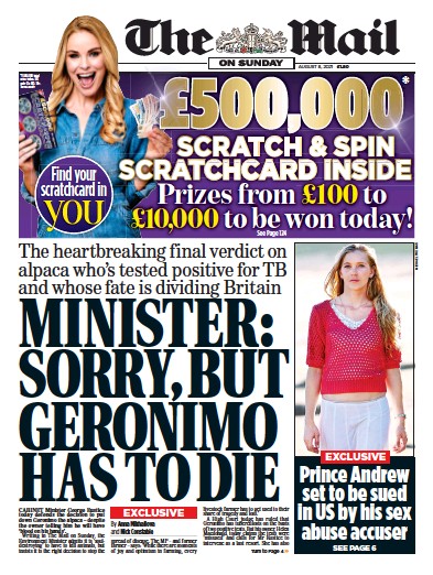 The Mail on Sunday (UK) Newspaper Front Page for 8 August 2021