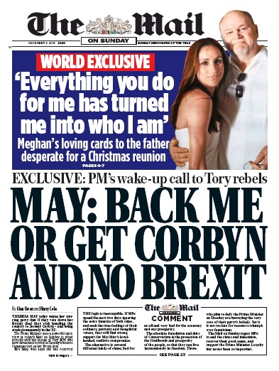 The Mail on Sunday Newspaper Front Page for 9 December 2018