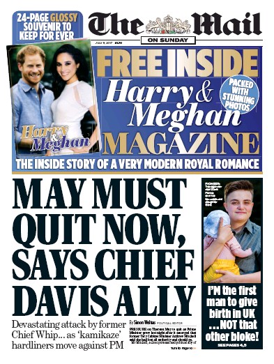 The Mail on Sunday Newspaper Front Page for 9 July 2017