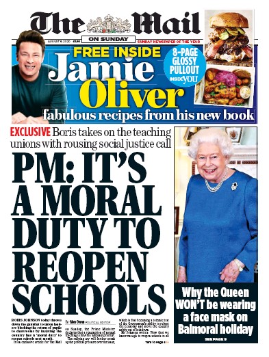 The Mail on Sunday (UK) Newspaper Front Page for 9 August 2020