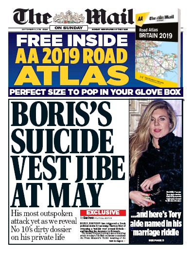 The Mail on Sunday Newspaper Front Page for 9 September 2018