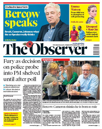 The Observer Newspaper Front Page for 10 November 2019
