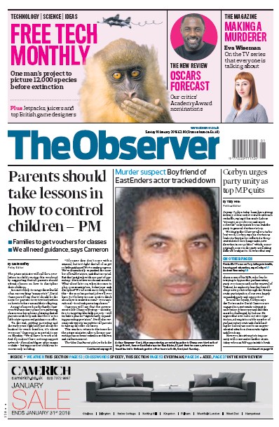 The Observer (UK) Newspaper Front Page for 10 January 2016