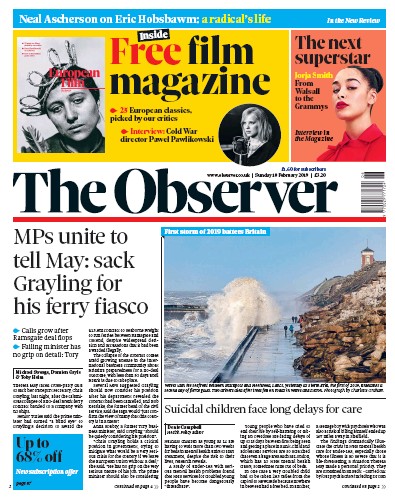 The Observer Newspaper Front Page for 10 February 2019