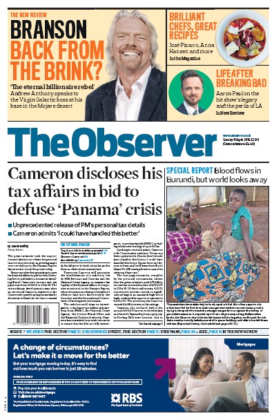 The Observer Newspaper Front Page for 10 April 2016