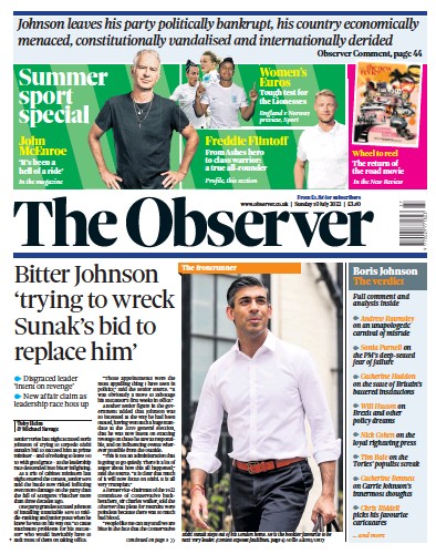 The Observer (UK) Newspaper Front Page for 10 July 2022