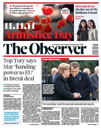 The Observer Newspaper Front Page for 11 November 2018