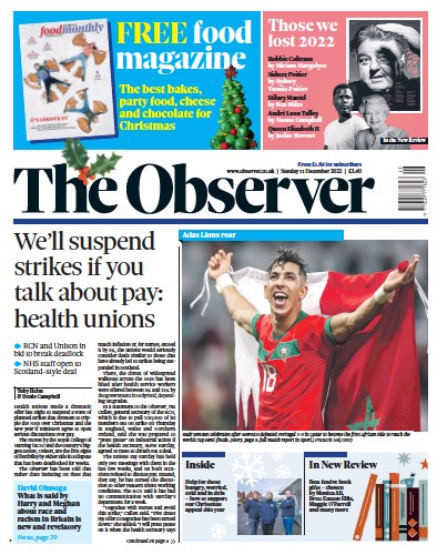 The Observer (UK) Newspaper Front Page for 11 December 2022