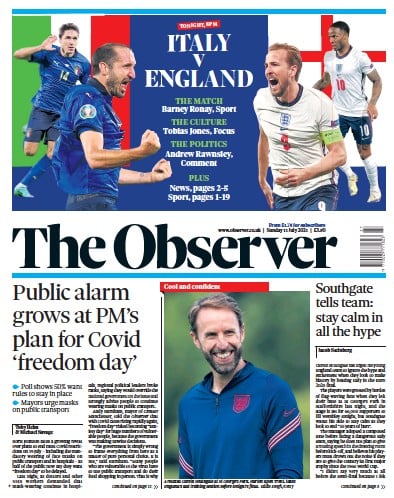 The Observer (UK) Newspaper Front Page for 11 July 2021