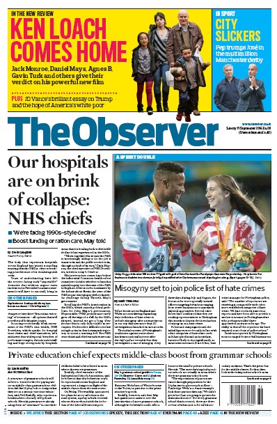 The Observer (UK) Newspaper Front Page for 11 September 2016