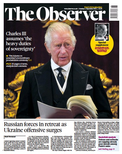 The Observer (UK) Newspaper Front Page for 11 September 2022
