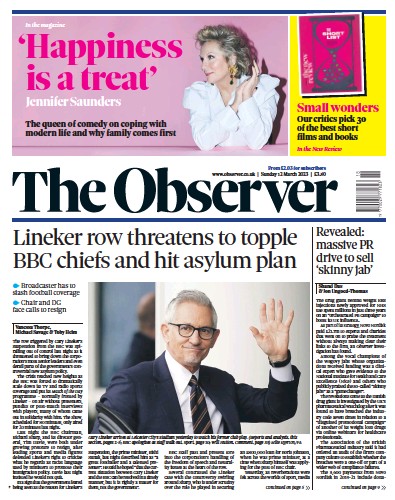 The Observer (UK) Newspaper Front Page for 12 March 2023
