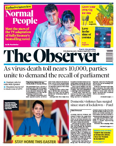 The Observer Newspaper Front Page for 12 April 2020