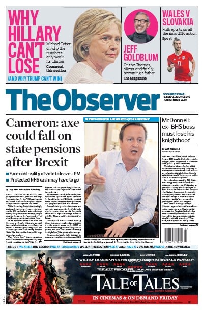 The Observer Newspaper Front Page for 12 June 2016