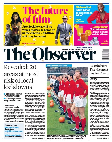 The Observer Newspaper Front Page for 12 July 2020
