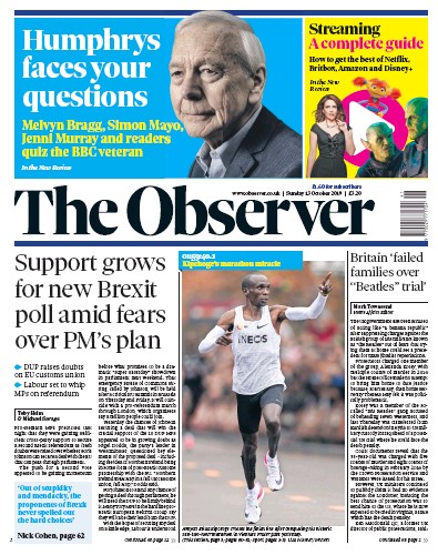 The Observer Newspaper Front Page for 13 October 2019