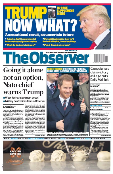 The Observer Newspaper Front Page for 13 November 2016