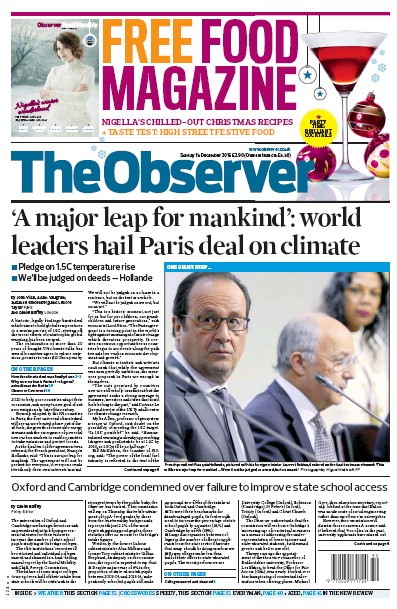The Observer Newspaper Front Page for 13 December 2015
