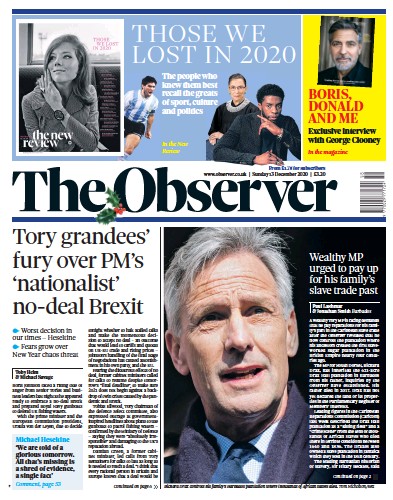 The Observer (UK) Newspaper Front Page for 13 December 2020